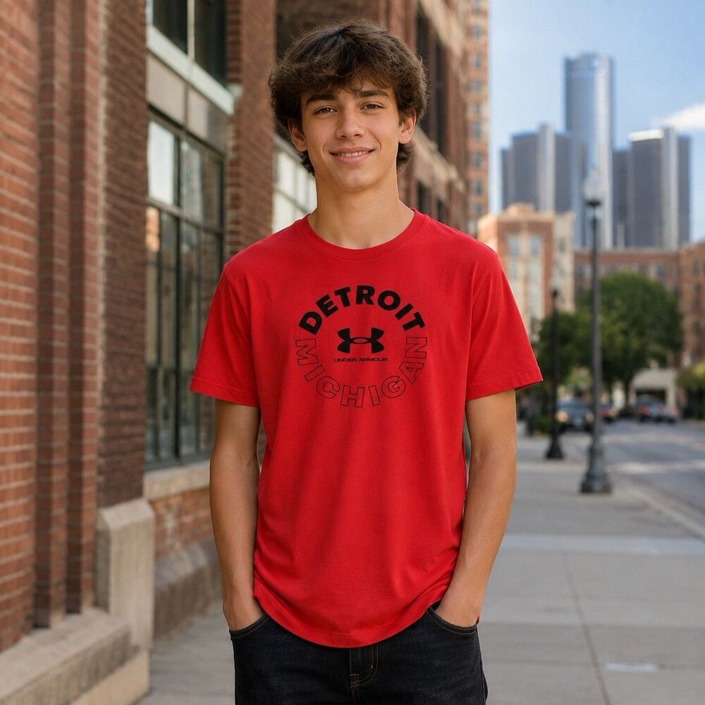 Under Armour Boys XXL Detroit Michigan Red Graphic T-Shirt Loose Fit Youth